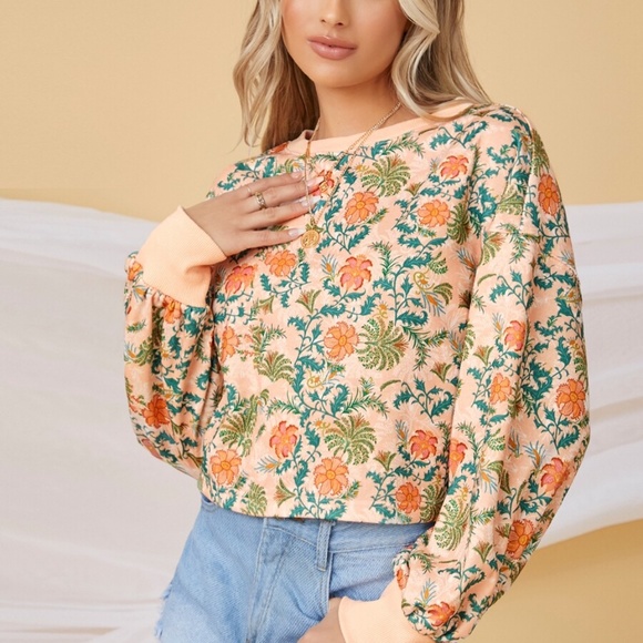 orange floral print lantern sleeve spring sweater - Picture 4 of 4